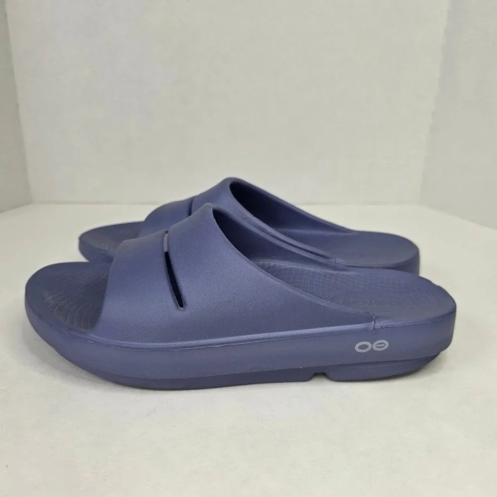 OOFOS Women 8 OOahh Recovery Slide Sandals Navy Blue Orthopedic Comfort Shoes